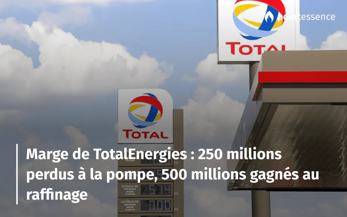 Totems aux couleurs de Total devant une station-service, avec l'affichage des prix des carburants